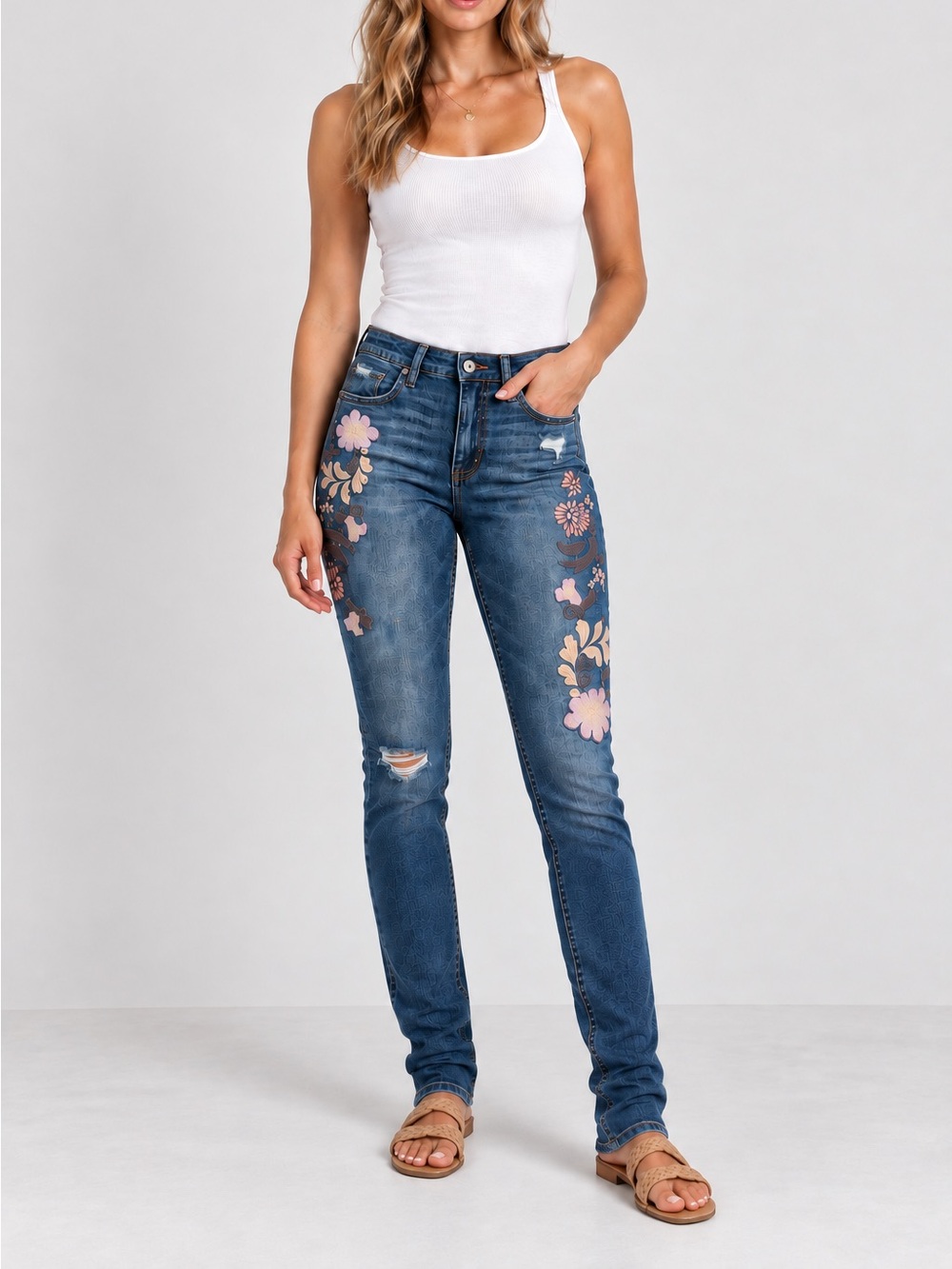 Floral Embroidered Skinny Jeans American Eagle Size 2 Extra Long Western Boho